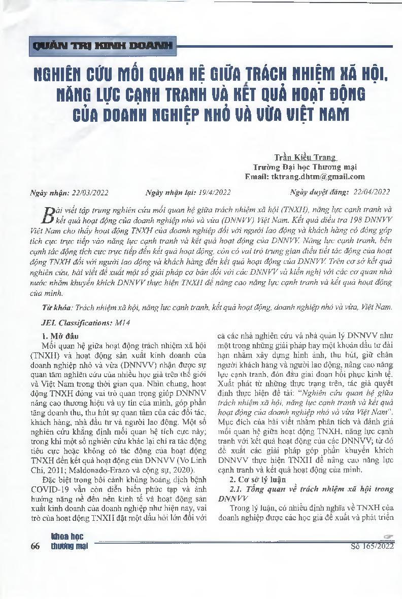 Nghiên cứu mối quan hệ giữa trách nhiệm xã hội, năng lực cạnh tranh và kết quả hoạt động của doanh nghiệp nhỏ và vừa Việt Nam = The relationship between social responsibility (CSR), competitiveness and performance of small and medium enterprises (SMEs) in