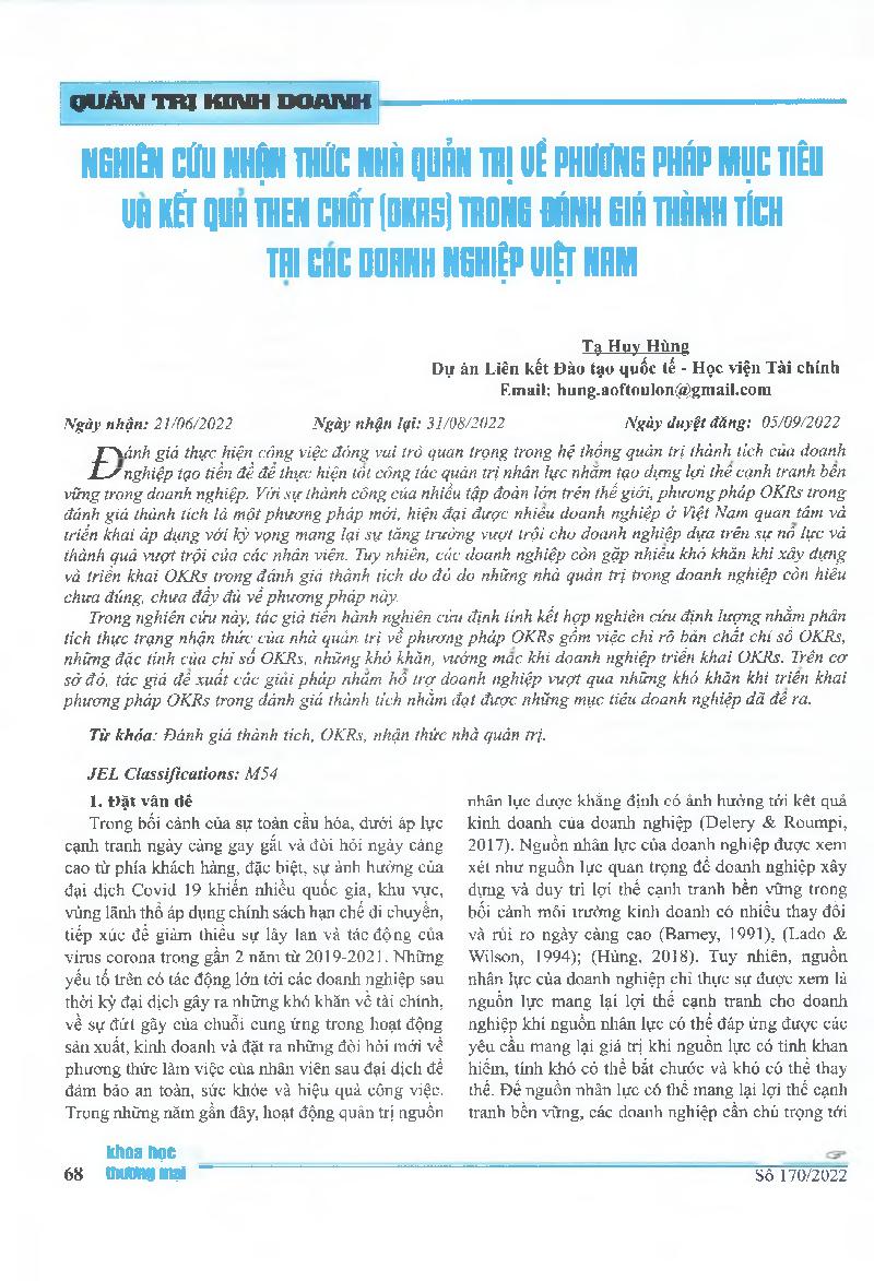 Nghiên cứu nhận thức nhà quản trị về phương pháp mục tiêu và kết quả then chốt (OKRS) trong đánh giá thành tích tại các doanh nghiệp Việt Nam = Research on Manager's Perception of The Okrs in Performance Appraisal in Vietnam Enterprises