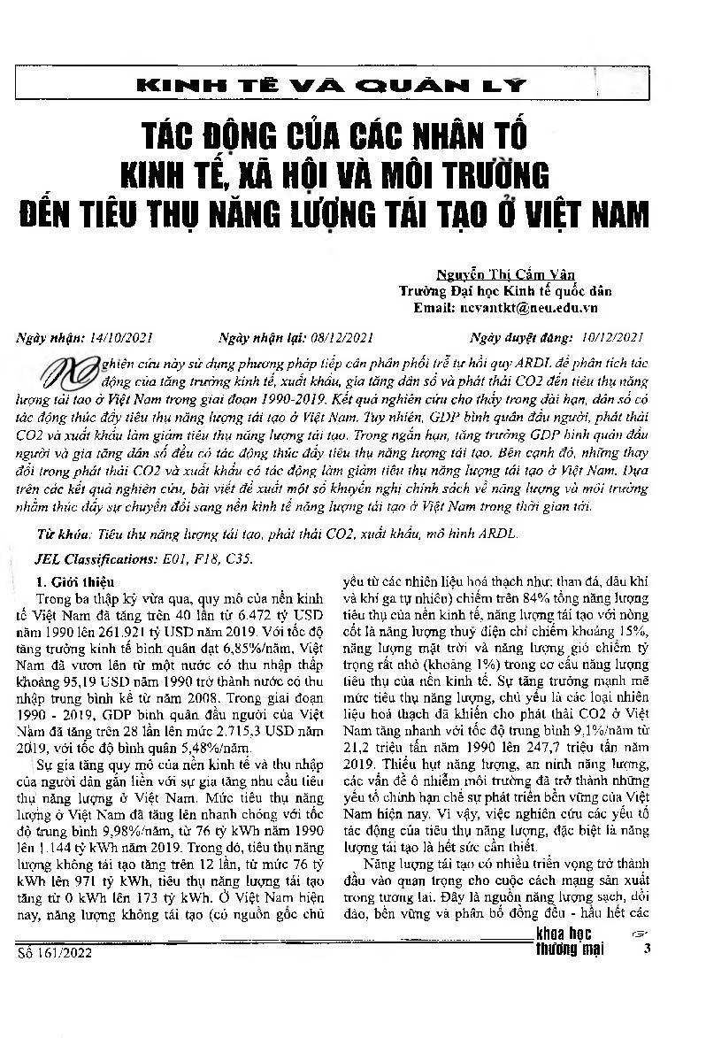 Tác động của các nhân tố kinh tế, xã hội và môi trường đến tiêu thụ năng lượng tái tạo ở Việt Nam = Impacts ofEconomic, Social and Environmental Factors on Renewable Energy Consumption in Vietnam