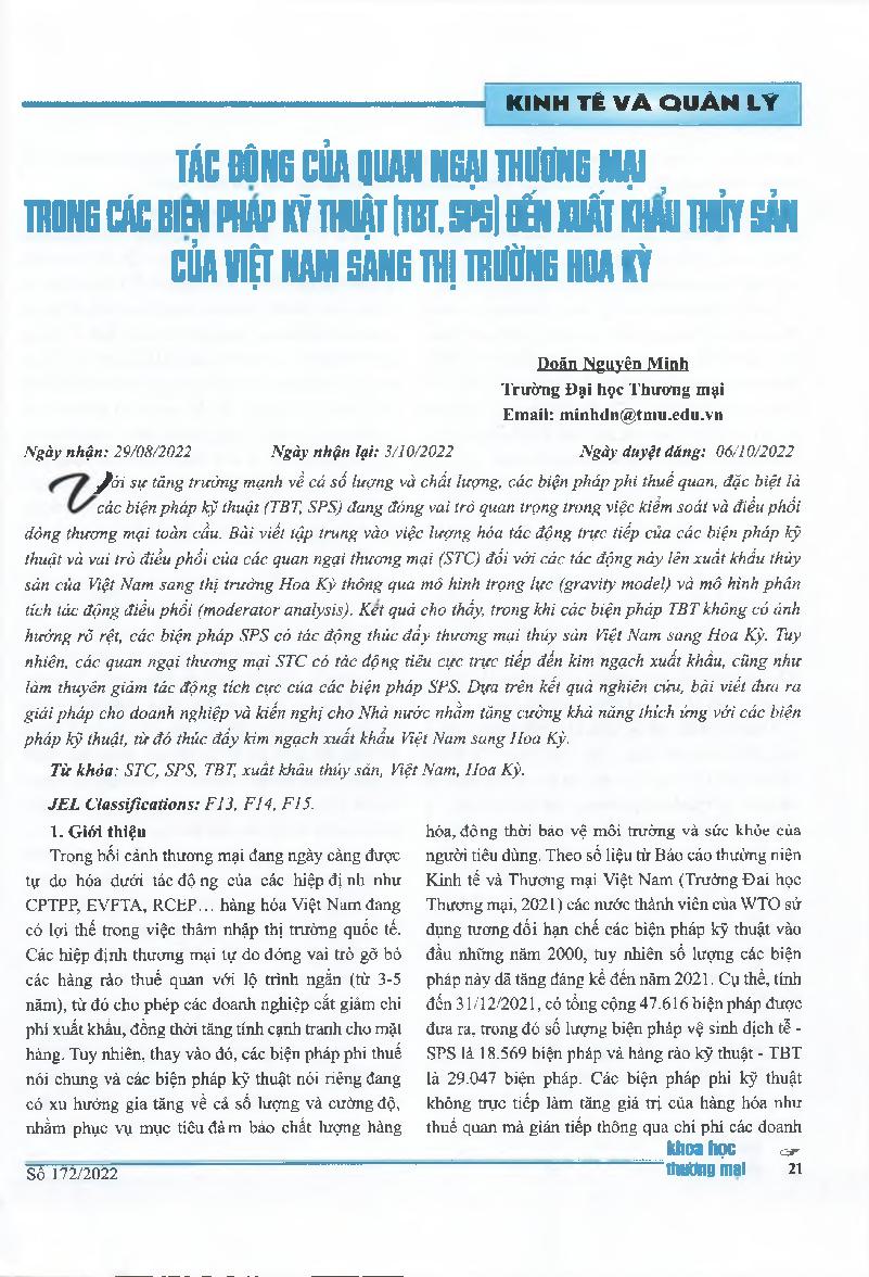 Tác động của quan ngại thương mại trong các biện pháp kỹ thuật (TBT, SPS) đến xuất khẩu thủy sản của Việt Nam sang thị trường Hoa Kỳ = The Impact of Technical Measures (TBT, SPS) And Specific Trade Concerns on Vietnam Seafood Export to the United States