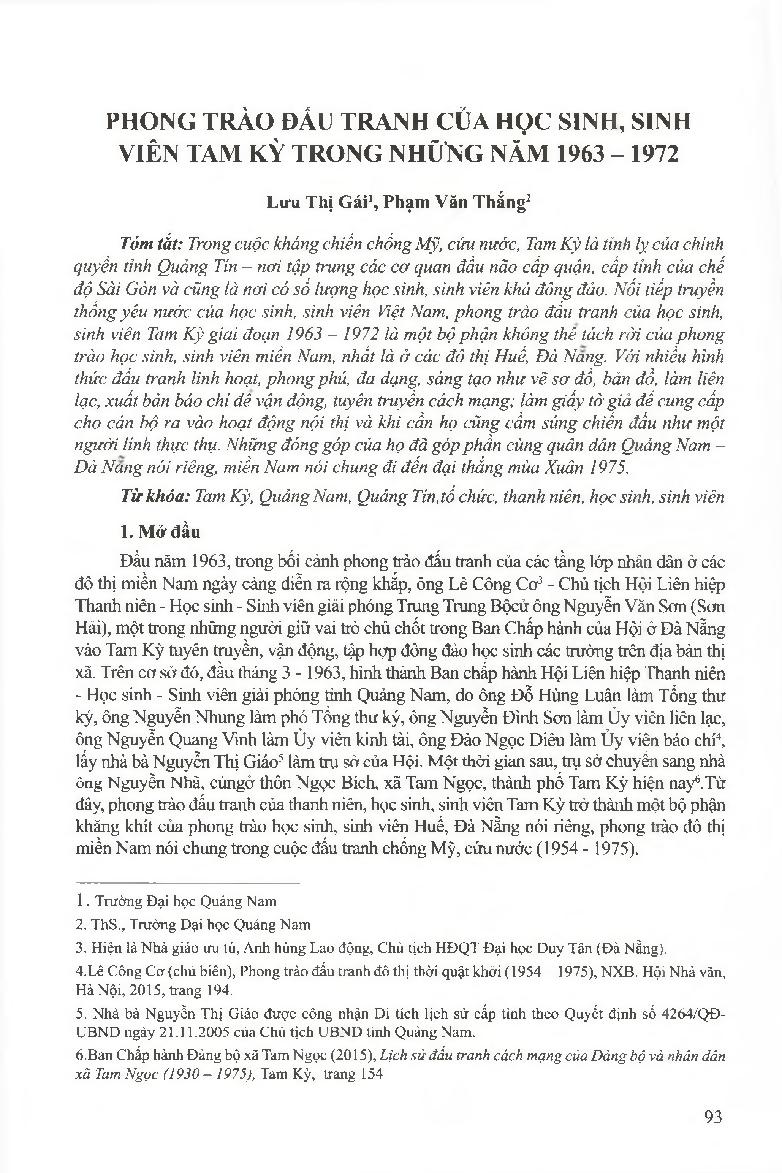 Phong trào đấu tranh của học sinh, sinh viên Tam Kỳ trong những năm 1963 - 1972 = The student movement in Tam Ky city from 1963 to 1972
