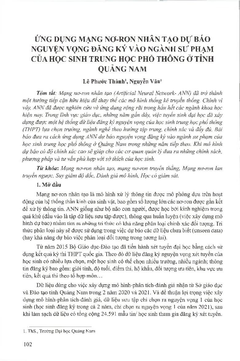 Ứng dụng mạng nơ-ron nhân tạo dự báo nguyện vọng đăng ký vào ngành Sư phạm của học sinh Trung học phổ thông ở tỉnh Quảng Nam = Applying artificial neural networks to predict the desire for pedagogical enrollment of high school students in Quang Nam provin