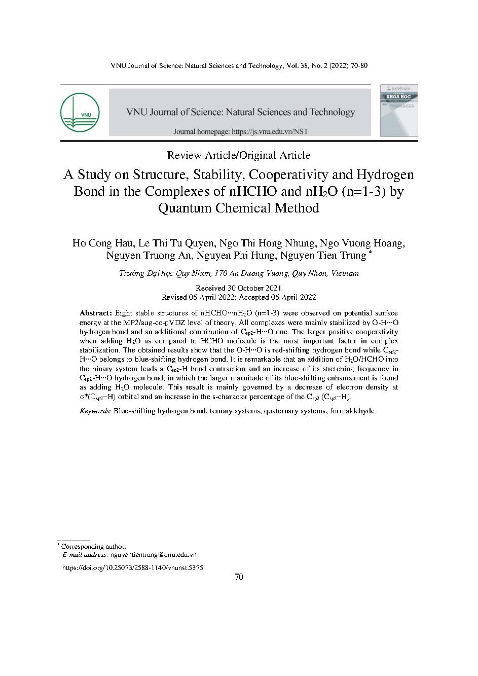 Nghiên cứu cấu trúc, độ bền, sự cộng kết và liên kết hydro trong hệ phức mHCHO với nH2O (m, n=1-3) bằng phương pháp hoá học lượng tử = A Study on Structure, Stability, Cooperativity and Hydrogen Bond in the Complexes of nHCHO and nH2O (n=1-3) by Quantum C