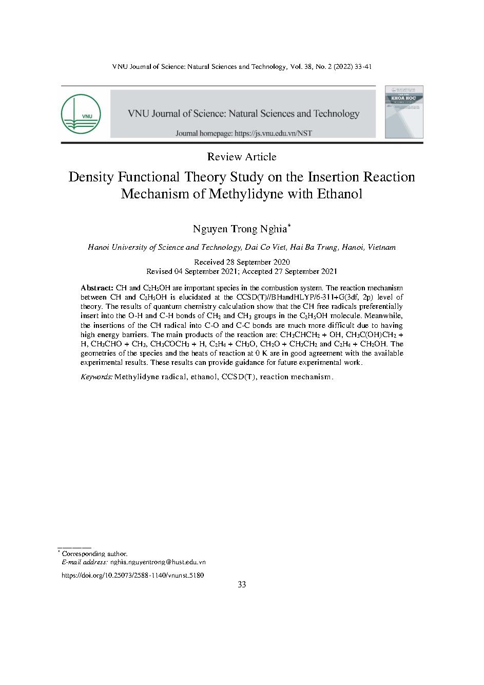 Nghiên cứu cơ chế phản ứng chèn của methylidyne với ethanol bằng phương pháp phiếm hàm mật độ = Density Functional Theory Study on the Insertion Reaction Mechanism of Methylidyne with Ethanol