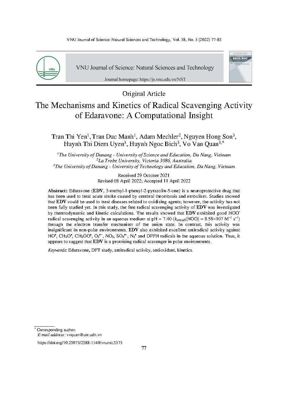 Nghiên cứu cơ chế và động học quá trình bắt gốc tự do của Edaravone bằng phương pháp tính toán hóa học = The mechanisms and kinetics of radical scavenging activity of edaravone: A computational insight