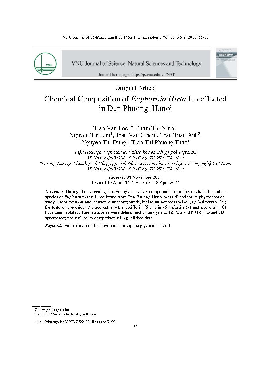 Thành phần hóa học của cây cỏ Sữa Lá To (Euphorbia Hirta L.) thu hái tại Đan Phượng, Hà Nội = Chemical Composition of Euphorbia Hirta L. collected in Dan Phuong, Hanoi