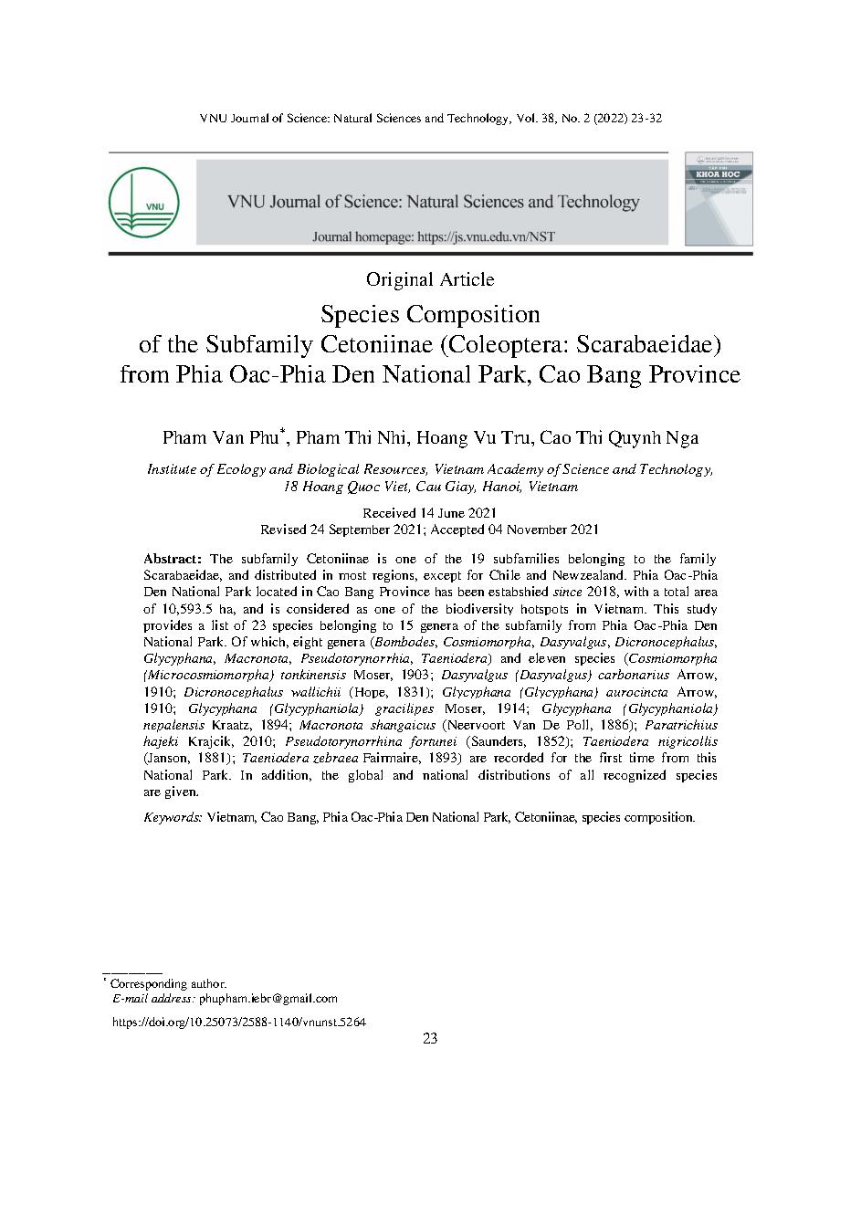 Thành phần loài cánh cứng thuộc phân họ Cetoniinae (Coleoptera: Scarabaeidae) ở Vườn Quốc gia Phia Oắc-Phia Đén, tỉnh Cao Bằng = Species Composition of the Subfamily Cetoniinae (Coleoptera: Scarabaeidae) from Phia Oac-Phia Den National Park, Cao Bang Prov