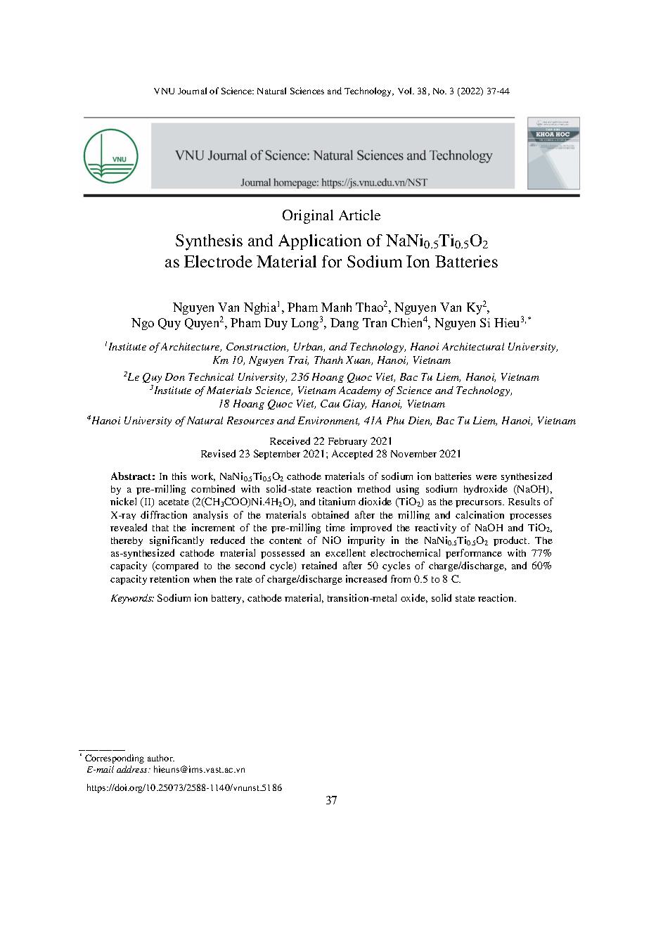 Tổng hợp và nghiên cứu khả năng ứng dụng của vật liệu NaNi0,5Ti0,5O2 làm điện cực dương cho pin ion natri = Synthesis and application of NaNi0.5Ti0.5O2 as electrode material for sodium ion batteries