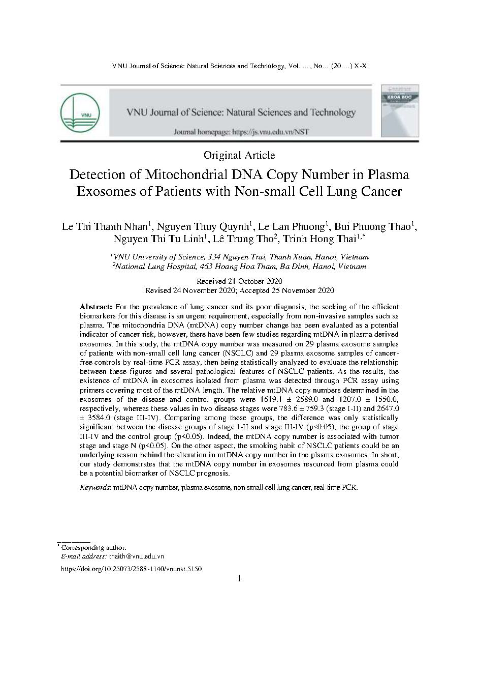 Xác định số bản sao DNA ty thể trong exosome huyết tương ở bệnh nhân ung thư phổi không tế bào nhỏ = Detection of Mitochondrial DNA Copy Number in Plasma Exosomes of Patients with Non-small Cell Lung Cancer