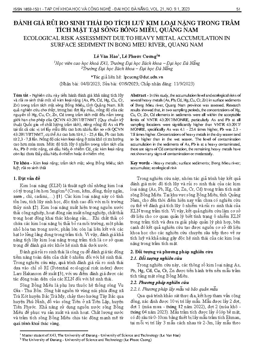Đánh giá rủi ro sinh thái do tích luỹ kim loại nặng trong trầm tích mặt tại sông Bồng Miêu, Quảng Nam = Ecological risk assessment due to heavy metal accumulation in surface sediment in bong mieu river, Quang Nam