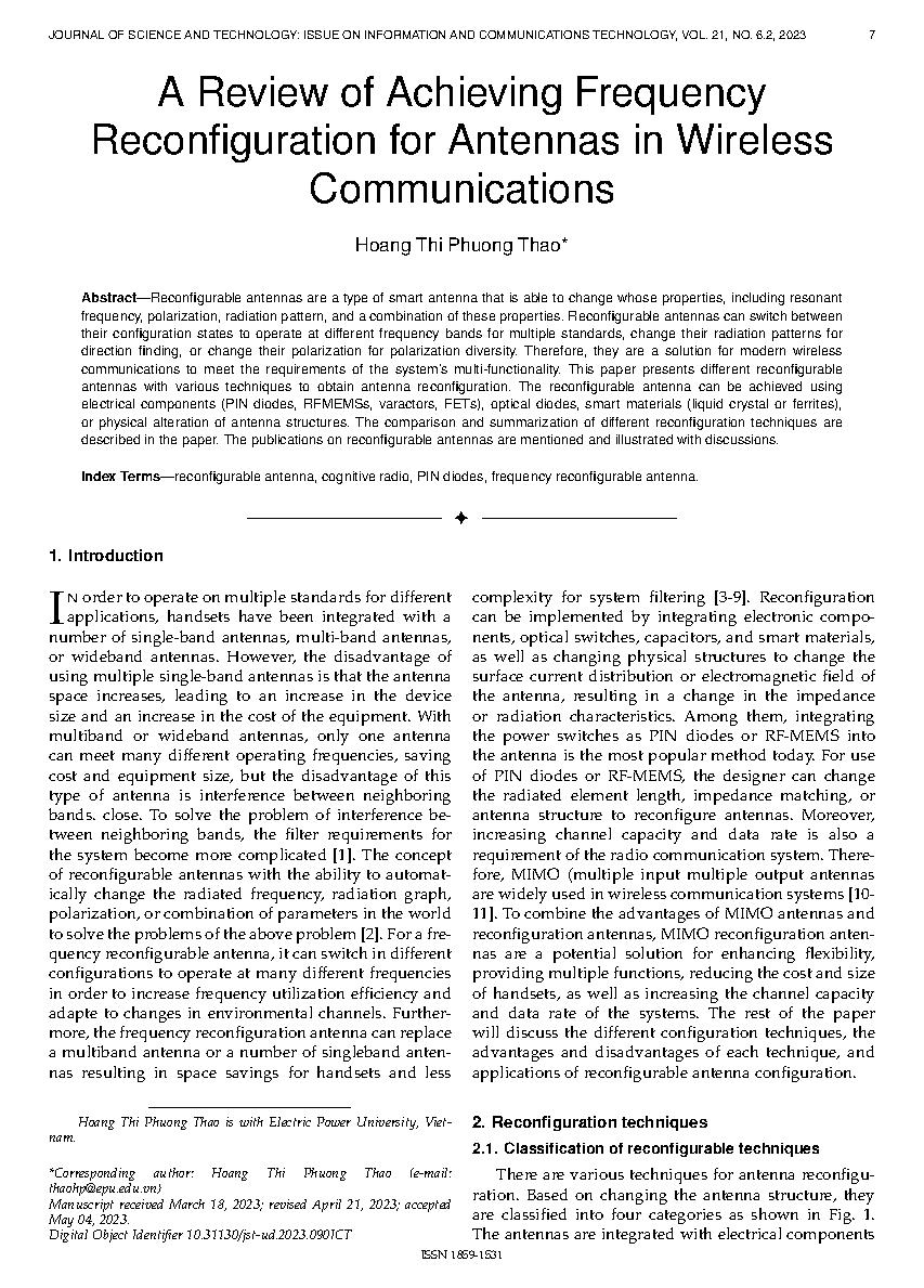 Đánh giá về việc đạt được cấu hình lại tần số cho ăng-ten trong truyền thông không dây = A review of achieving frequency reconfiguration for antennas in wireless communications