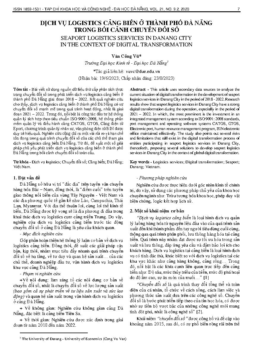 Dịch vụ logistics cảng biển ở thành phố đà nẵng trong bối cảnh chuyển đổi số = Seaport logistics services in danang city in the context of digital transformation