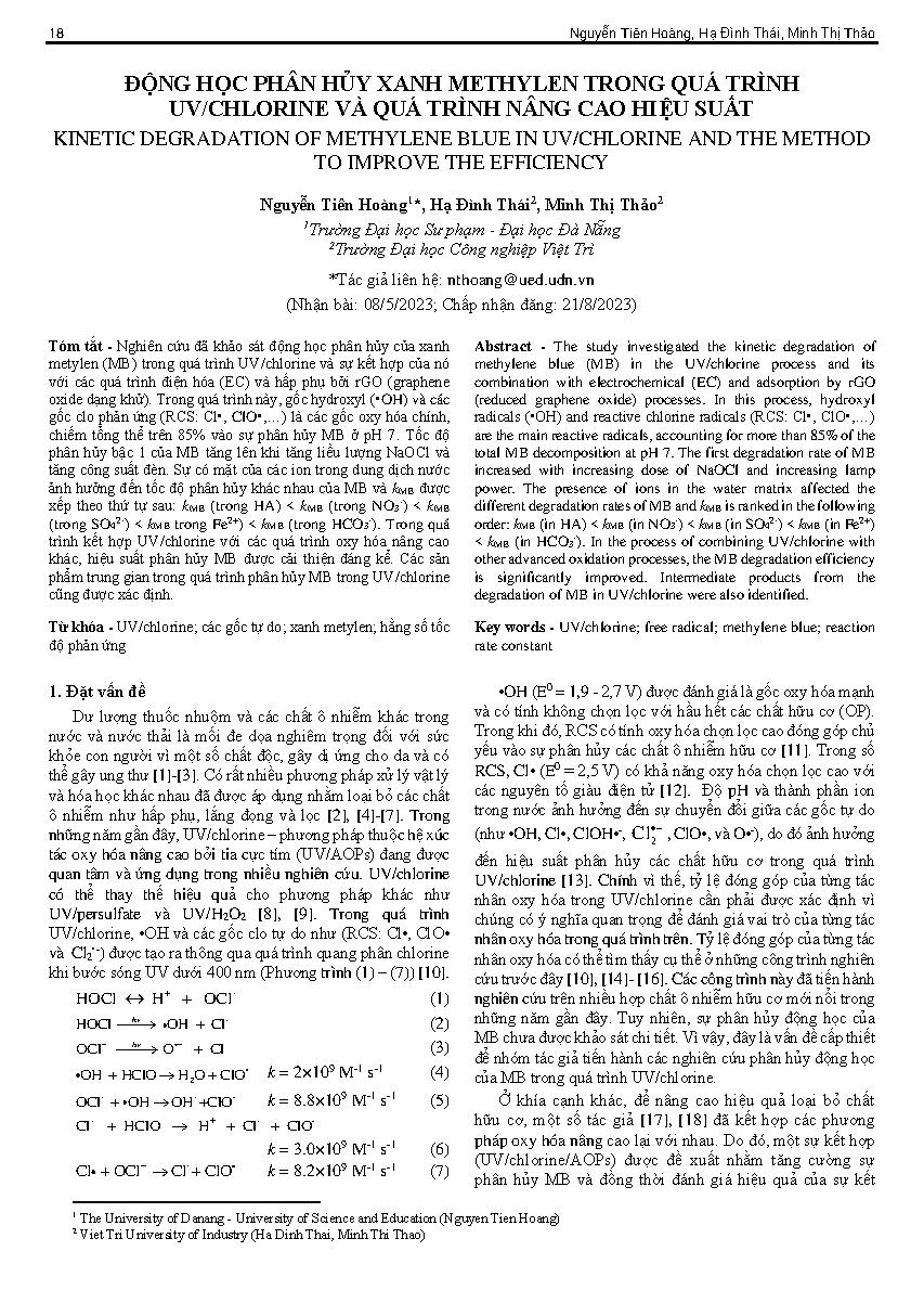 Động học phân hủy xanh methylen trong quá trình uv/chlorine và quá trình nâng cao hiệu suất = Kinetic degradation of methylene blue in uv/chlorine and the method to improve the efficiency