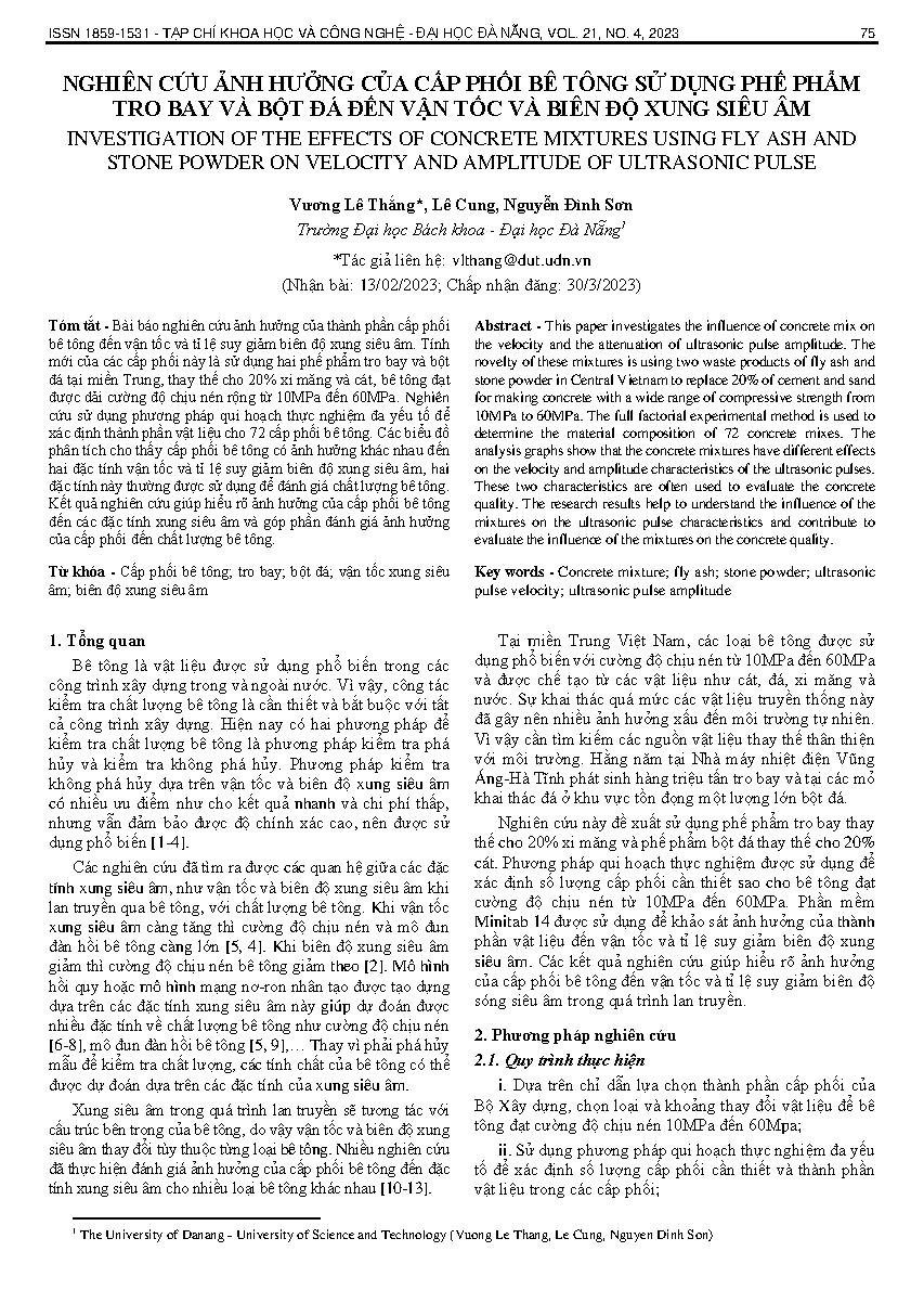 Nghiên cứu ảnh hưởng của cấp phối bê tông sử dụng phế phẩm tro bay và bột đá đến vận tốc và biên độ xung siêu âm = Investigation of the effects of concrete mixtures using fly ash and stone powder on velocity and amplitude of ultrasonic pulse