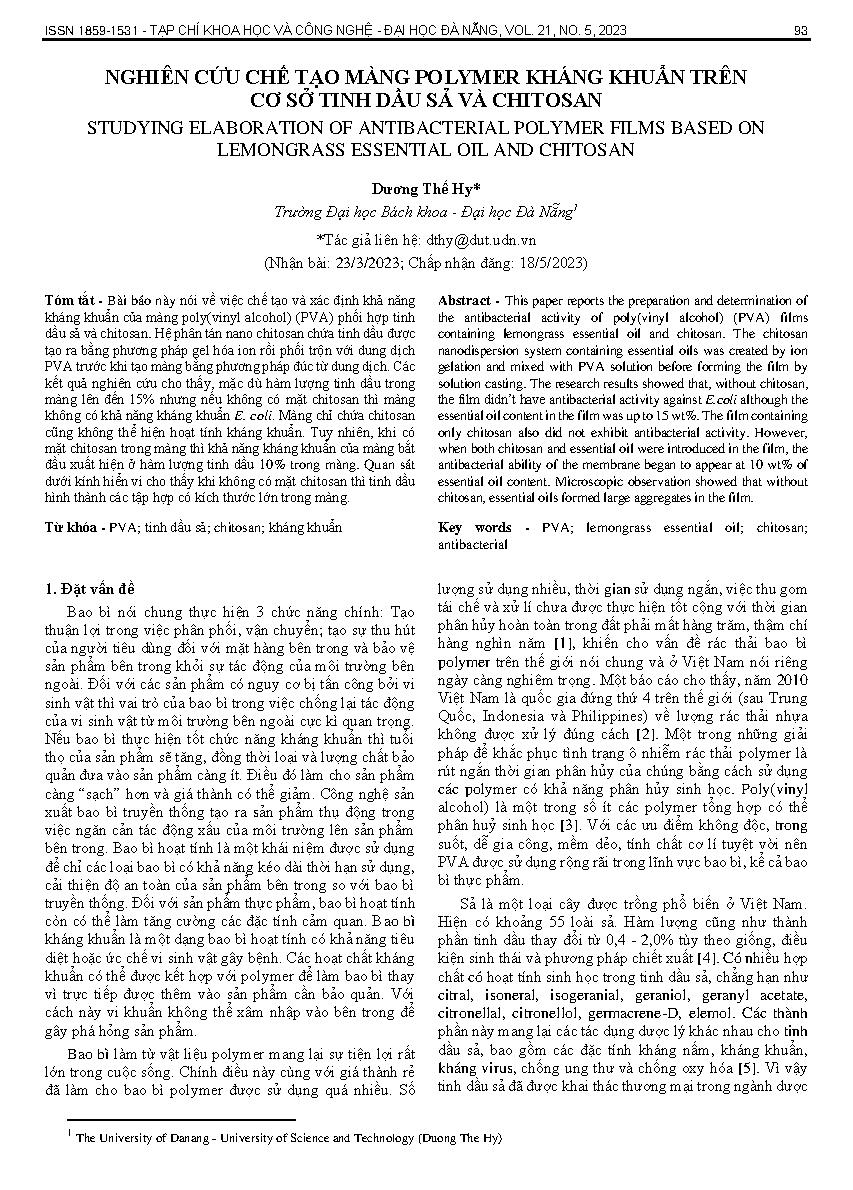 Nghiên cứu chế tạo màng polymer kháng khuẩn trên cơ sở tinh dầu sả và chitosan = Studying elaboration of antibacterial polymer films based on lemongrass essential oil and chitosan