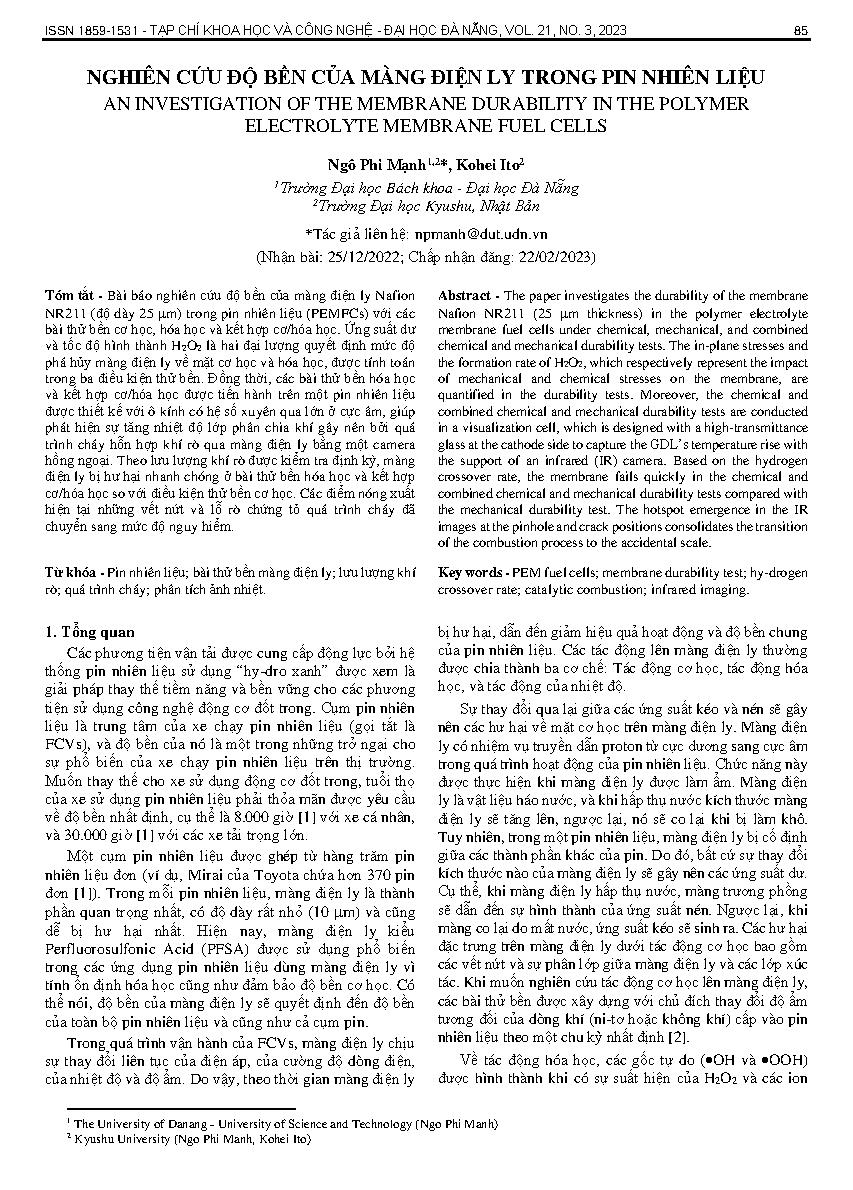 Nghiên cứu độ bền của màng điện ly trong pin nhiên liệu = An investigation of the membrane durability in the polymer electrolyte membrane fuel cells