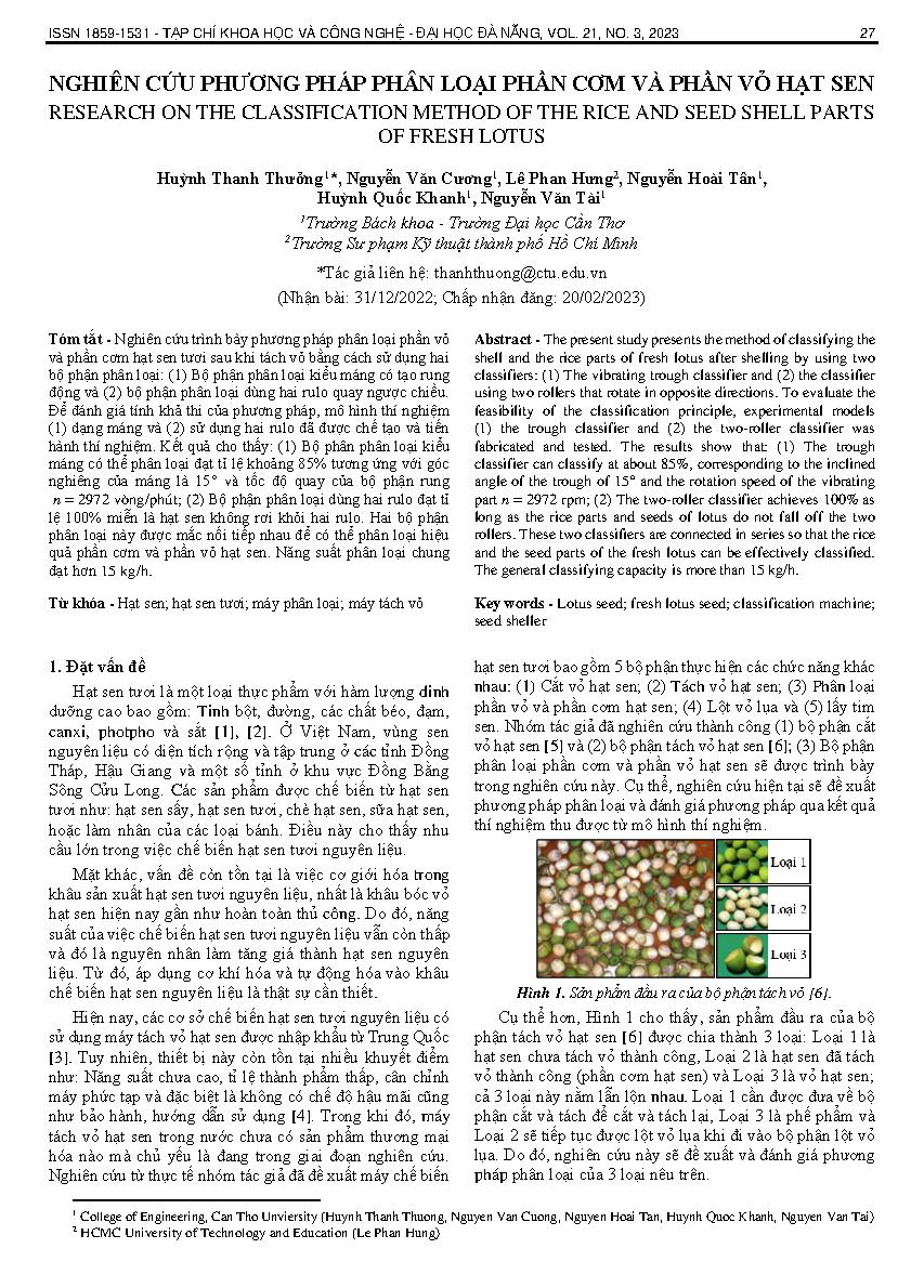 Nghiên cứu phương pháp phân loại phần cơm và phần vỏ hạt sen = Research on the classification method of the rice and seed shell parts of fresh lotus