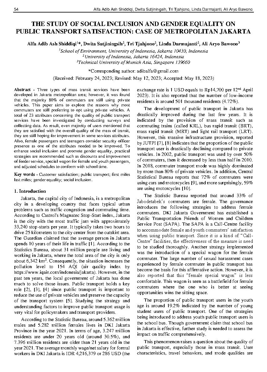 Nghiên cứu về hòa nhập xã hội và bình đẳng giới đối với sự hài lòng về giao thông công cộng: trường hợp đô thị Jakarta = The study of social inclusion and gender equality on public transport satisfaction: case of metropolitan jakarta
