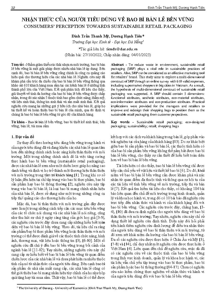 Nhận thức của người tiêu dùng về bao bì bán lẻ bền vững = Consumers' perception towards sustainable retail packaging