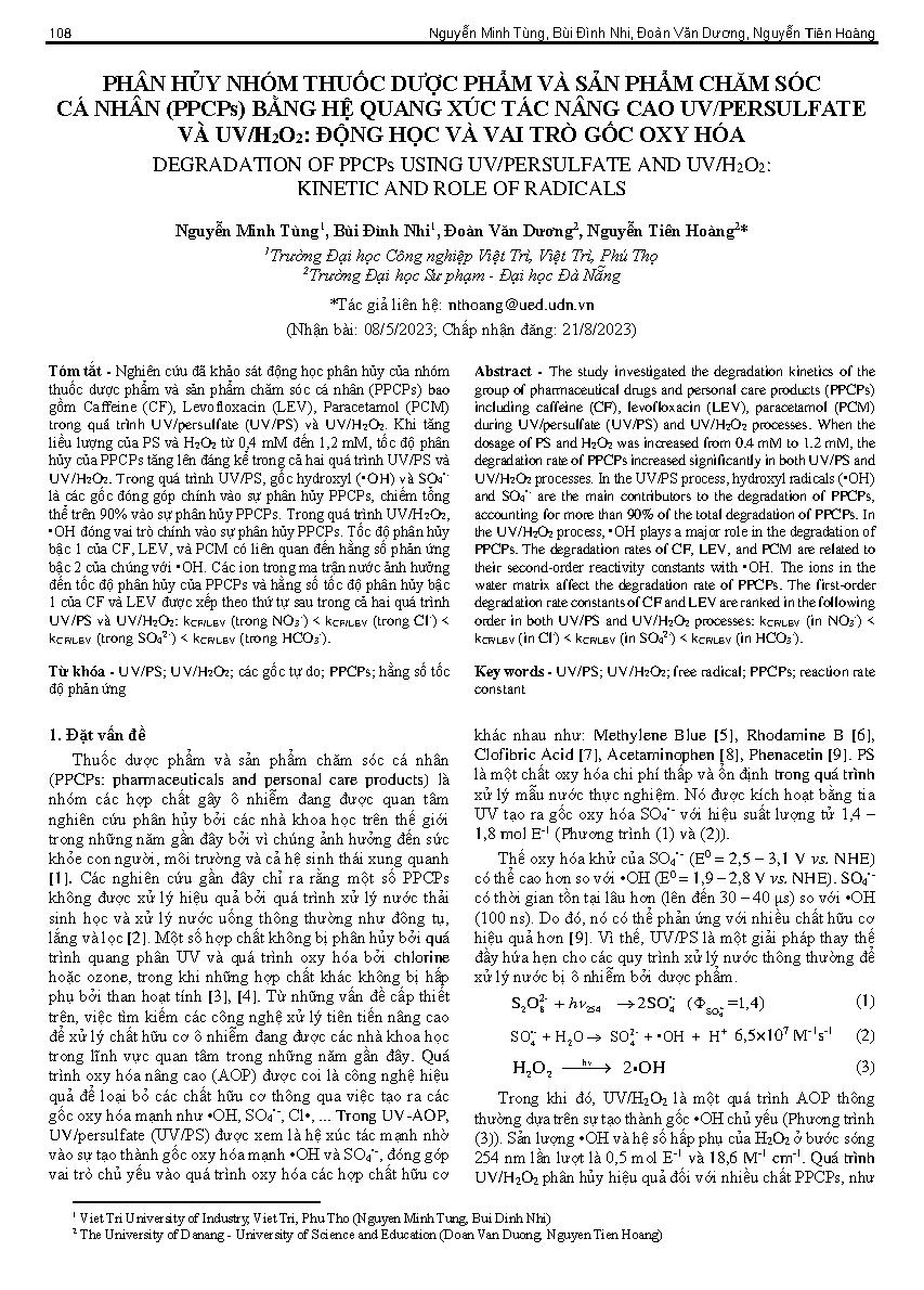 Phân hủy nhóm thuốc dược phẩm và sản phẩm chăm sóc cá nhân (ppcps) bằng hệ quang xúc tác nâng cao uv/persulfate và uv/h2o2: động học và vai trò gốc oxy hóa = Degradation of ppcps using uv/persulfate and uv/h2o2: kinetic and role of radicals