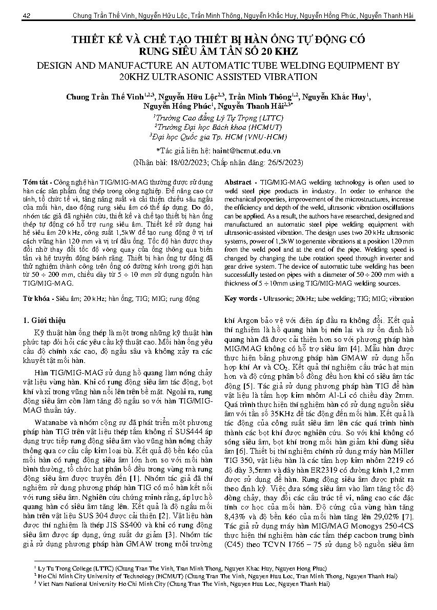 Thiết kế và chế tạo thiết bị hàn ống tự động có rung siêu âm tần số 20 KHZ = Design and manufacture an automatic tube welding equipment by 20KHZ ultrasonic assisted vibration