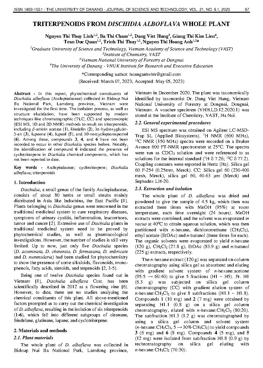 Triterpenoids từ toàn bộ cây Dischidia alboflava = Triterpenoids from dischidia alboflava whole plant