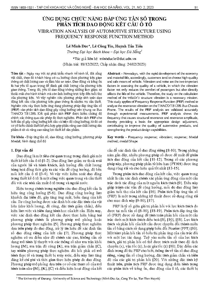 Ứng dụng chức năng đáp ứng tần số trong phân tích dao động kết cấu ô tô = Vibration analysis of automotive structure using frequency response function method