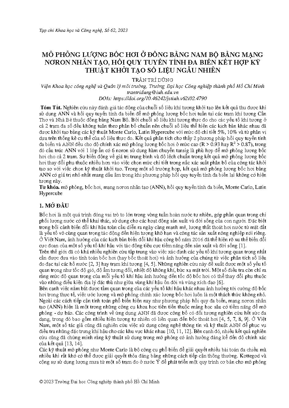 Mô phỏng lượng bốc hơi ở đồng bằng nam bộ bằng mạng nơron nhân tạo, hồi quy tuyến tính đa biến kết hợp kỹ thuật khởi tạo số liệu ngẫu nhiên = Simulation of evaporation in nam bo plain by artificial neutral network, multivariable linear regresion in combin
