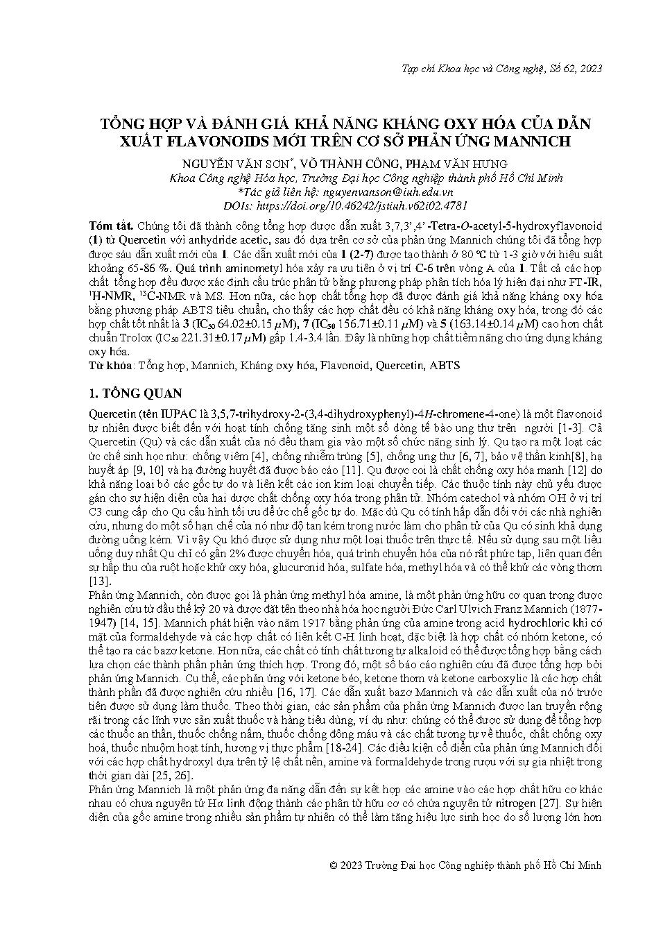 Tổng hợp và đánh giá khả năng kháng oxy hóa của dẫn xuất flavonoids mới trên cơ sở phản ứng Mannich = Synthesis and evaluation of antioxidant activity of novel flavonoids rely on mannich base