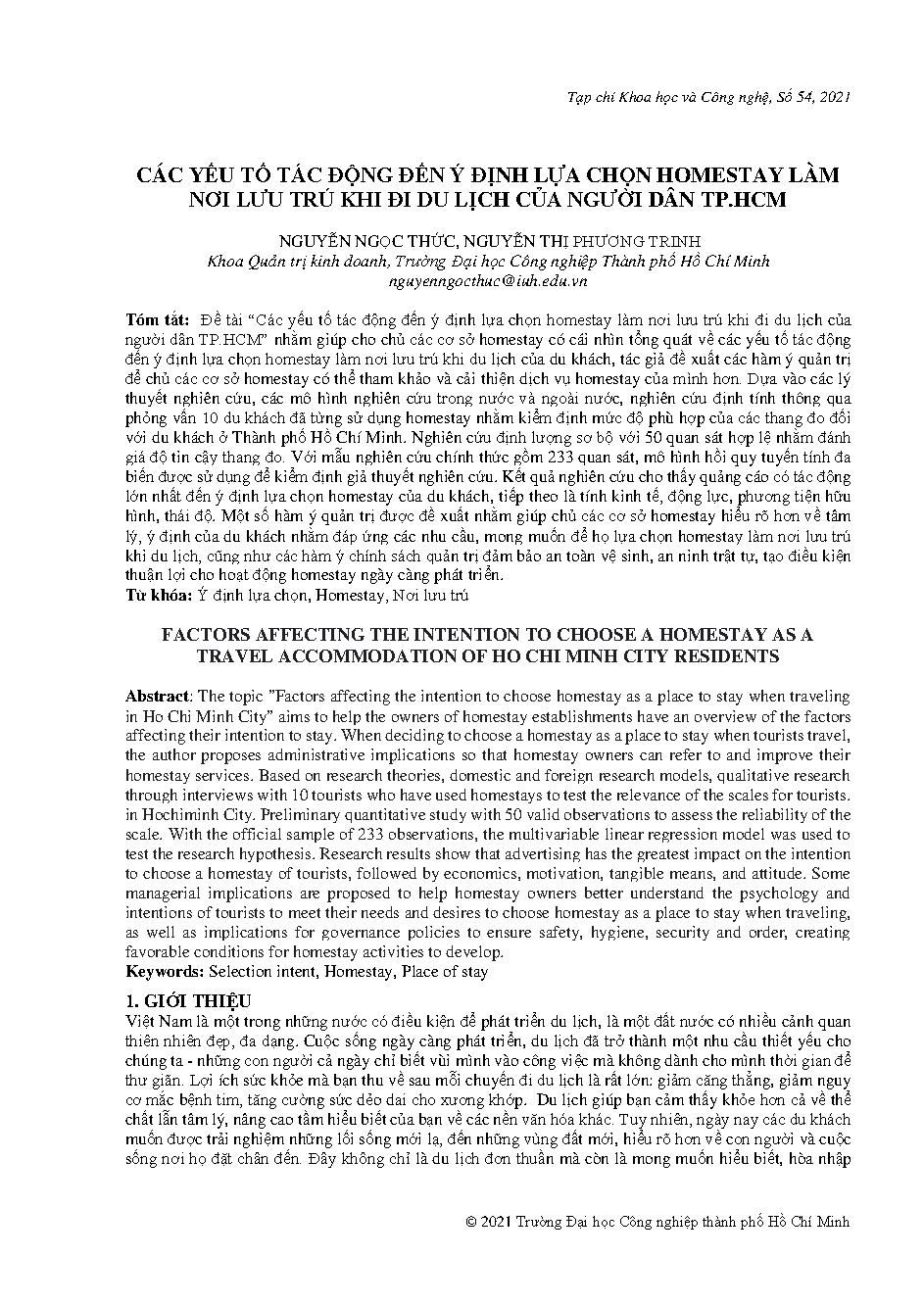 Các yếu tố tác động đến ý định lựa chọn homestay làm nơi lưu trú khi đi du lịch của người dân thành phố Hồ Chí Minh
