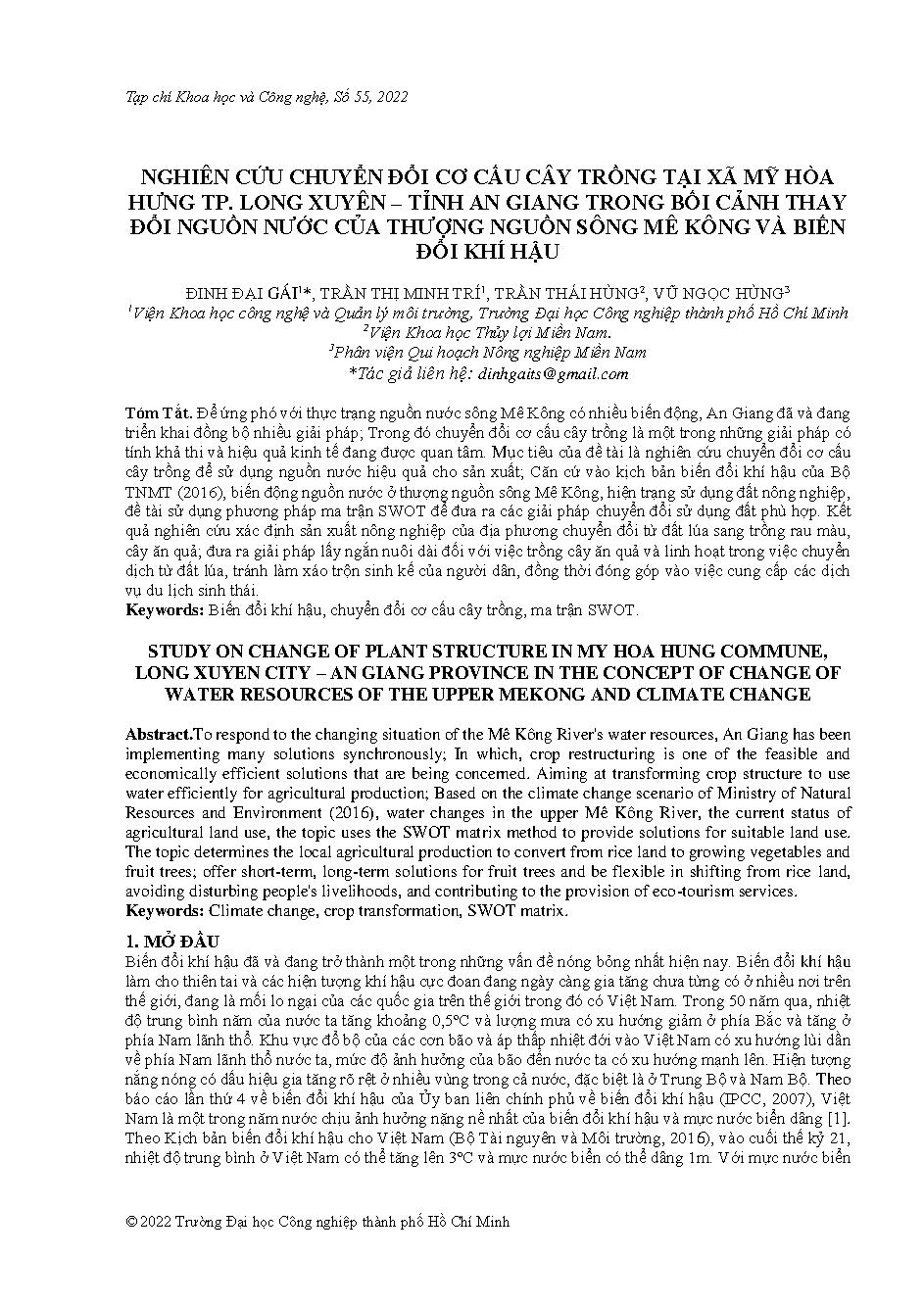 Nghiên cứu chuyển đổi cơ cấu cây trồng tại xã Mỹ Hòa Hưng thành phố Long Xuyên – tỉnh An Giang trong bối cảnh thay đổi nguồn nước của thượng nguồn sông Mê Kông và biến đổi khí hậu = Study on change of plant structure in my hoa hung commune, long xuyen cit