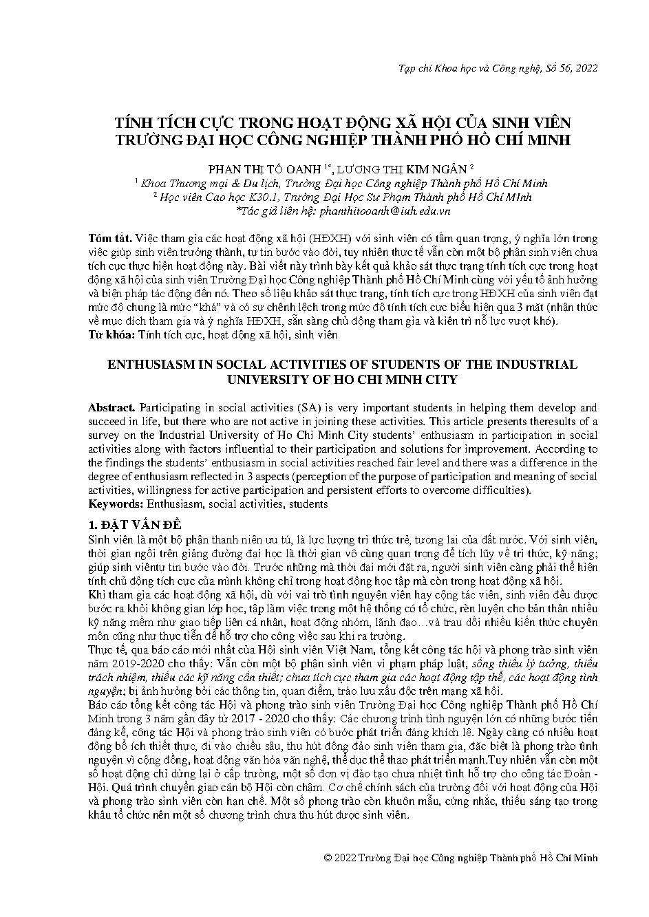 Tính tích cực trong hoạt động xã hội của sinh viên Trường Đại học Công nghiệp thành phố Hồ Chí Minh = Enthusiasm in social activities of students of the industrial university of Ho Chi Minh city