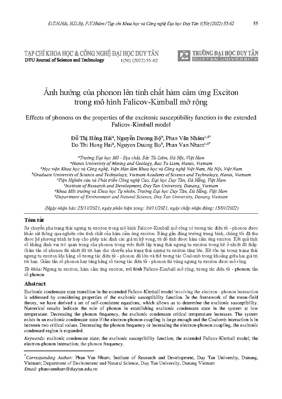 Ảnh hưởng của phonon lên tính chất hàm cảm ứng Exciton trong mô hình Falicov-Kimball mở rộng = Effects of phonons on the properties of the excitonic susceptibility function in the extended Falicov-Kimball model
