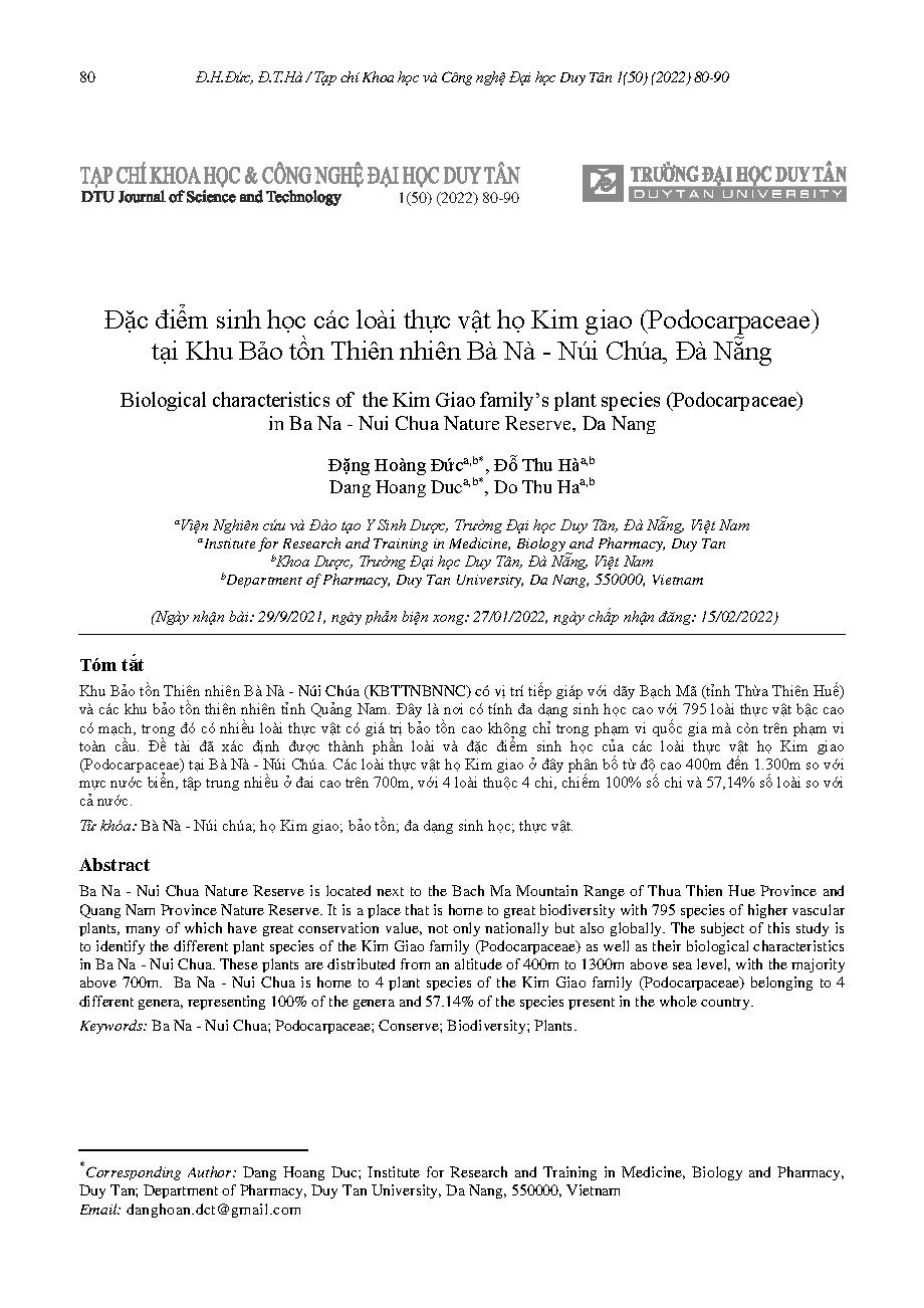 Đặc điểm sinh học các loài thực vật họ Kim giao (Podocarpaceae) tại Khu Bảo tồn Thiên nhiên Bà Nà - Núi Chúa, Đà Nẵng = Biological characteristics of the Kim Giao family’s plant species (Podocarpaceae) in Ba Na - Nui Chua Nature Reserve, Da Nang