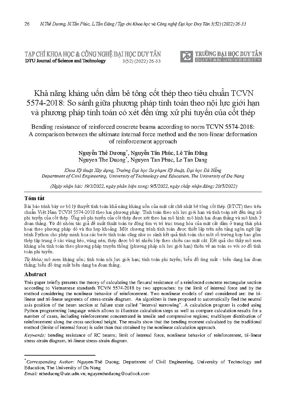 Khả năng kháng uốn dầm bê tông cốt thép theo tiêu chuẩn TCVN 5574-2018: So sánh giữa phương pháp tính toán theo nội lực giới hạn và phương pháp tính toán có xét đến ứng xử phi tuyến của cốt thép = Bending resistance of reinforced concrete beams according 
