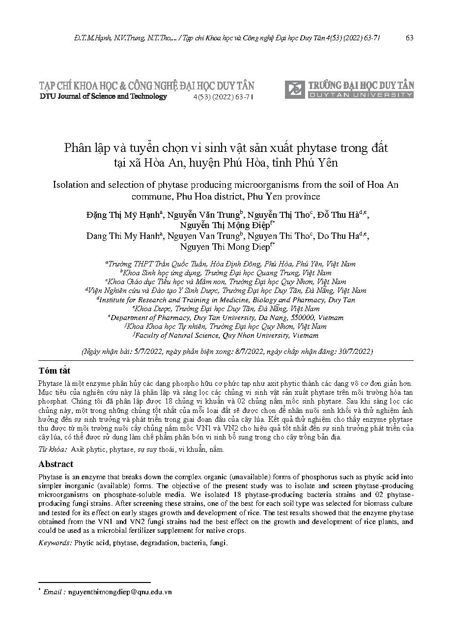 Phân lập và tuyển chọn vi sinh vật sản xuất phytase trong đất tại xã Hòa An, huyện Phú Hòa, tỉnh Phú Yên = Isolation and selection of phytase producing microorganisms from the soil of Hoa An commune, Phu Hoa district, Phu Yen province