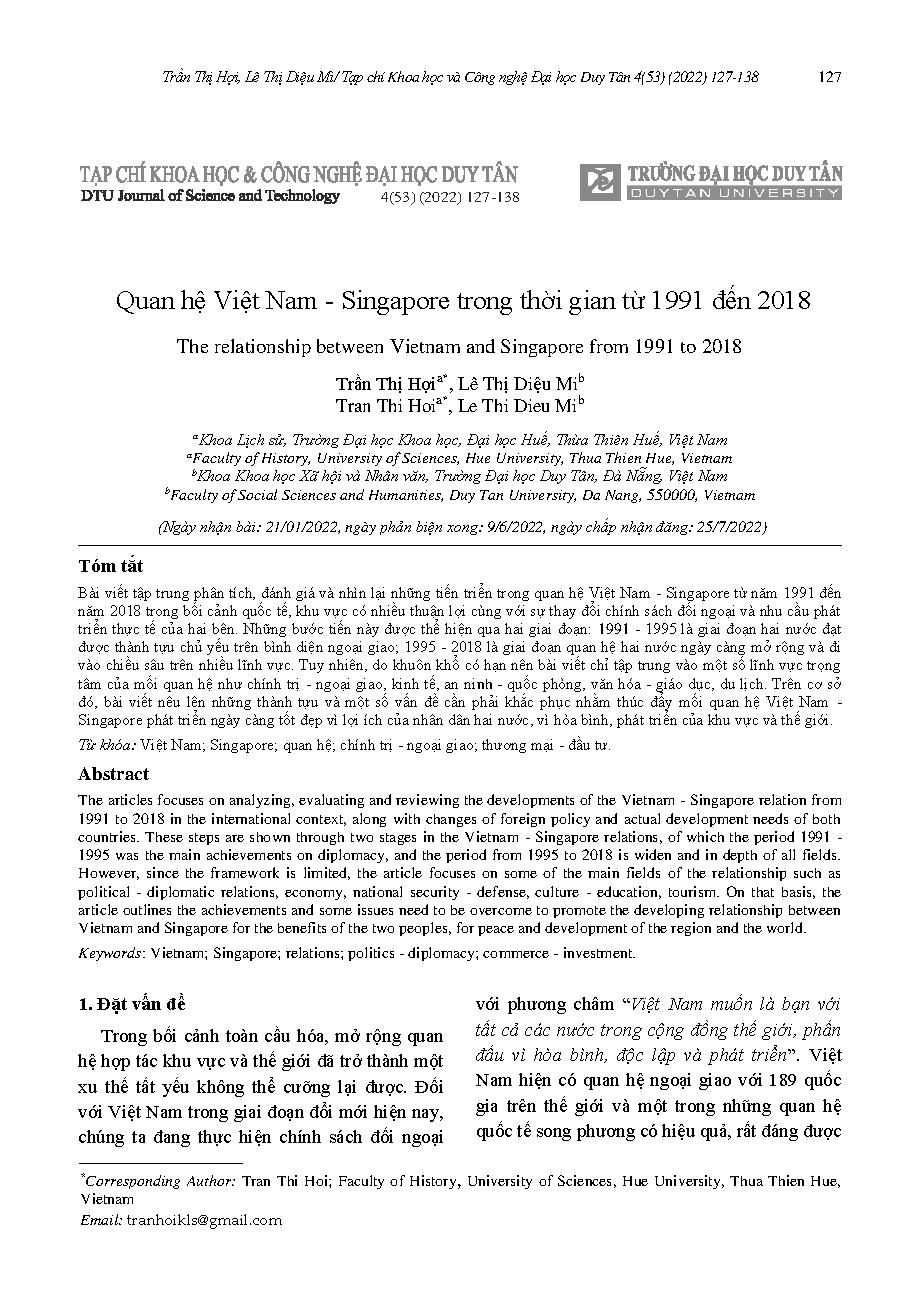 Quan hệ Việt Nam - Singapore trong thời gian từ 1991 đến 2018 = The relationship between Vietnam and Singapore from 1991 to 2018