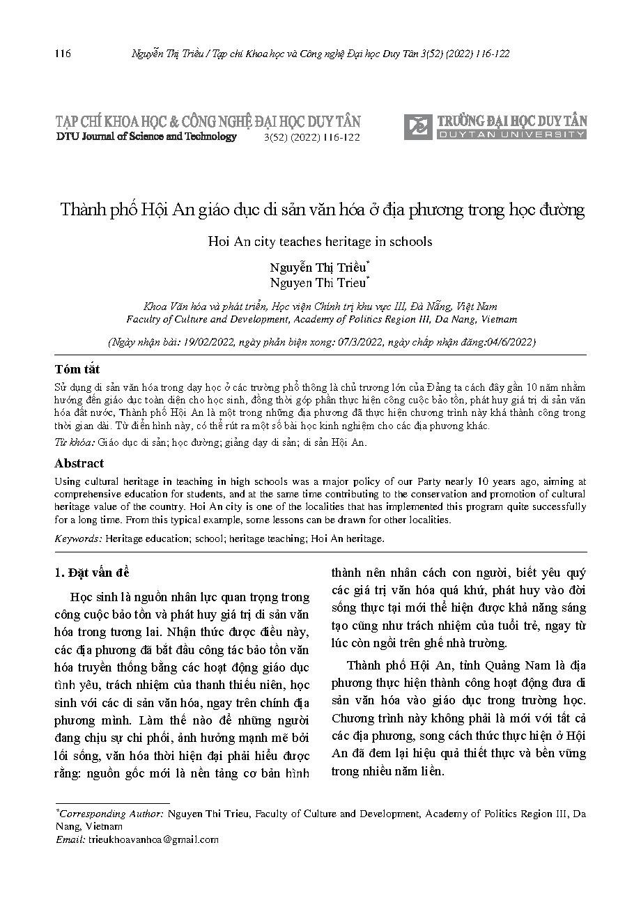 Thành phố Hội An giáo dục di sản văn hóa ở địa phương trong học đường = Hoi An city teaches heritage in schools