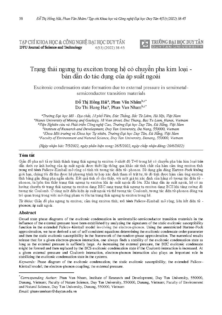 Trạng thái ngưng tụ exciton trong hệ có chuyển pha kim loại - bán dẫn do tác dụng của áp suất ngoài = Excitonic condensation state formation due to external pressure in semimetalsemiconductor transition materials
