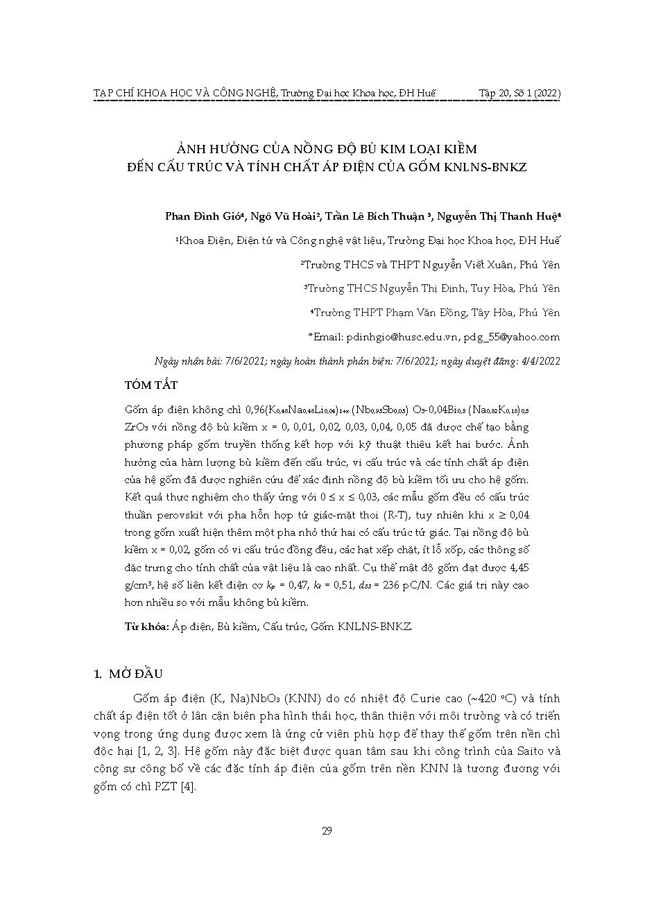 Ảnh hưởng của nồng độ bù kim loại kiềm đến cấu trúc và tính chất áp điện của gốm KNLNS-BNKZ = Effect of alkaline excess content on the structure and piezoelectric properties of knlns-bnkz ceramics