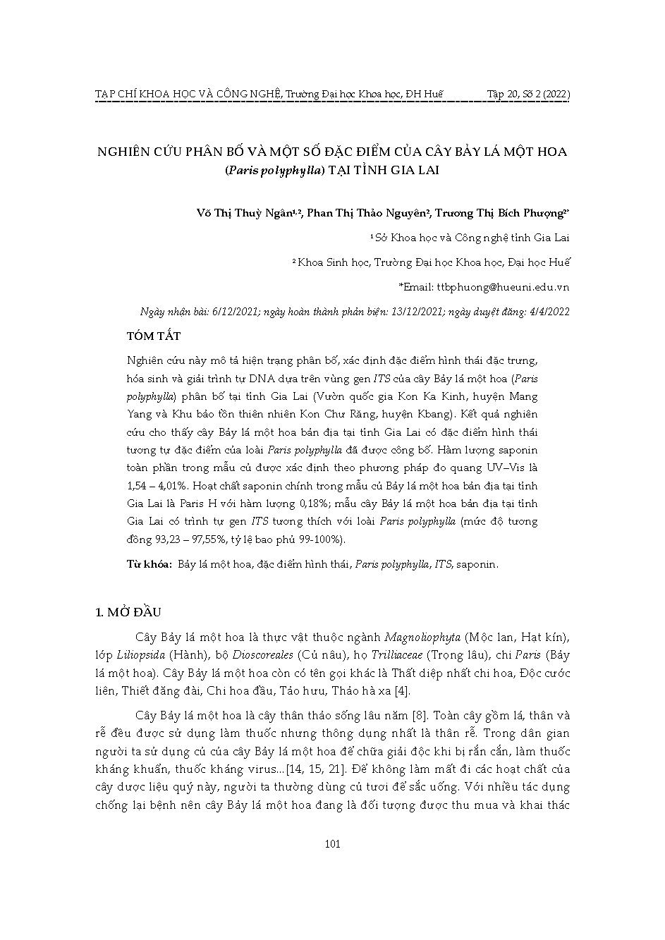 Nghiên cứu phân bố và một số đặc điểm của cây bảy lá một hoa (Paris polyphylla) tại tỉnh Gia Lai = Research on distribution and characteristics of bay la mot hoa (paris polyphylla) in gia lai province