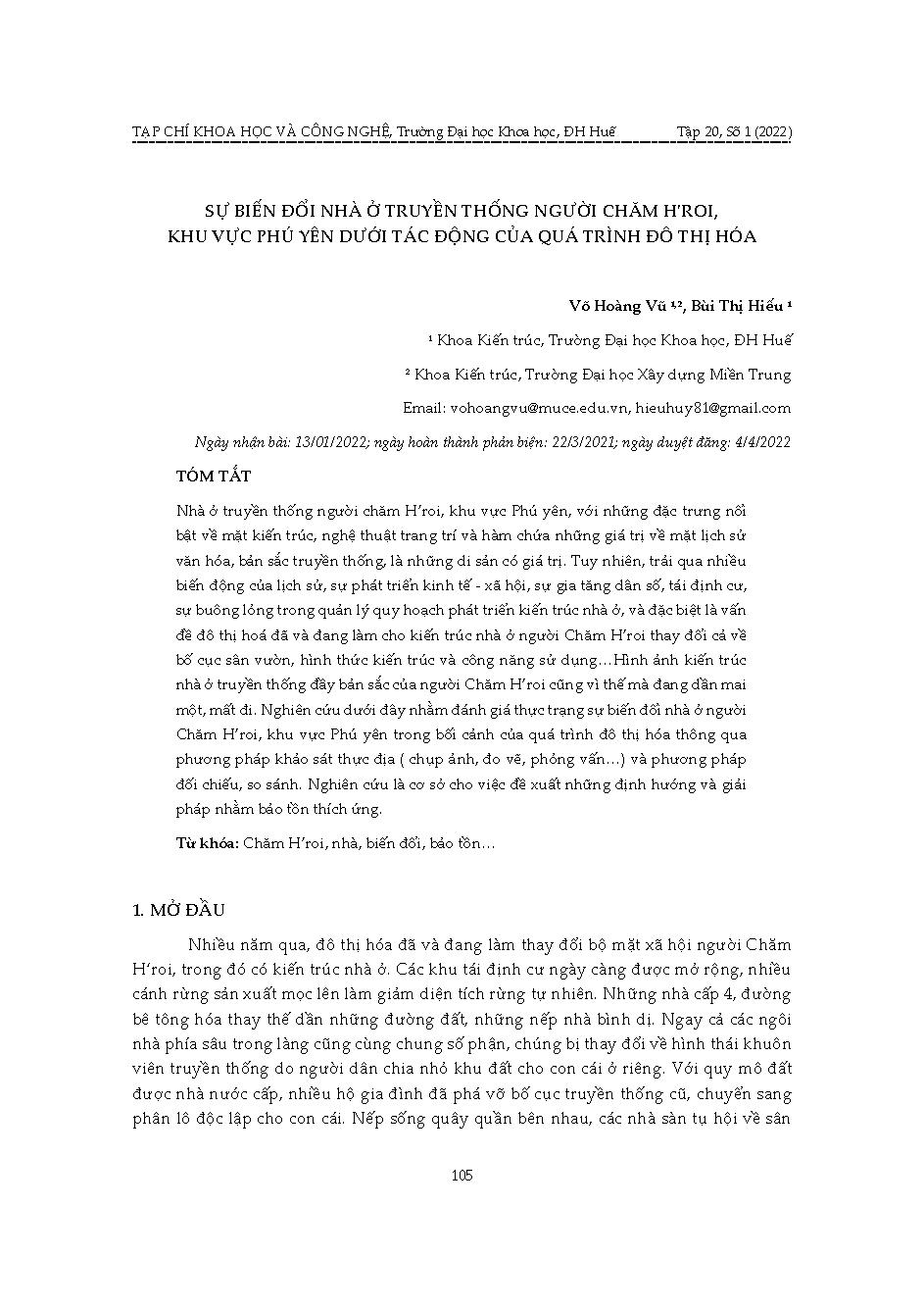 Sự biến đổi nhà ở truyền thống người Chăm H'roi, khu vực Phú Yên dưới tác động của quá trình đô thị hóa = Transformations of traditional houses of h'roi cham people in phu yen area under the impact of the urbanization