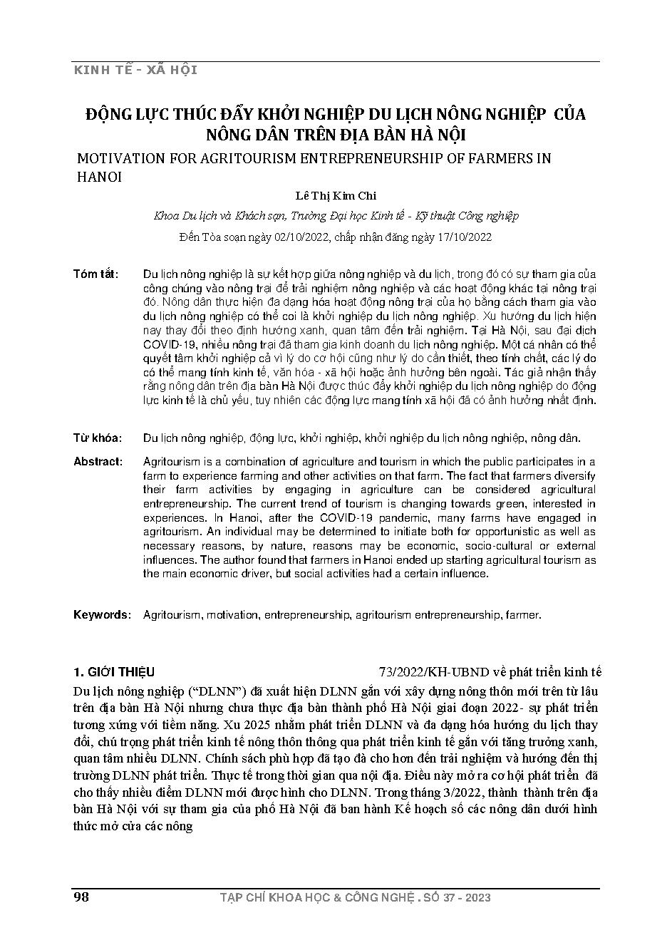 Động lực thúc đẩy khởi nghiệp du lịch nông nghiệp của nông dân trên địa bàn Hà Nội