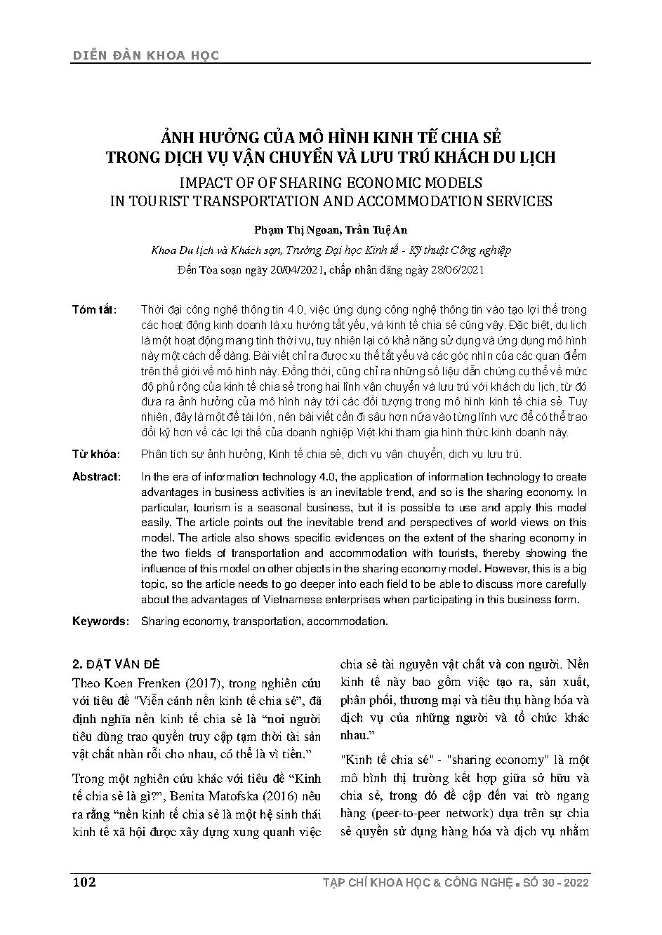 Ảnh hưởng của mô hình kinh tế chia sẻ trong dịch vụ vận chuyển và lưu trú khách du lịch = Impact of of sharing economic models in tourist transportation and accommodation services