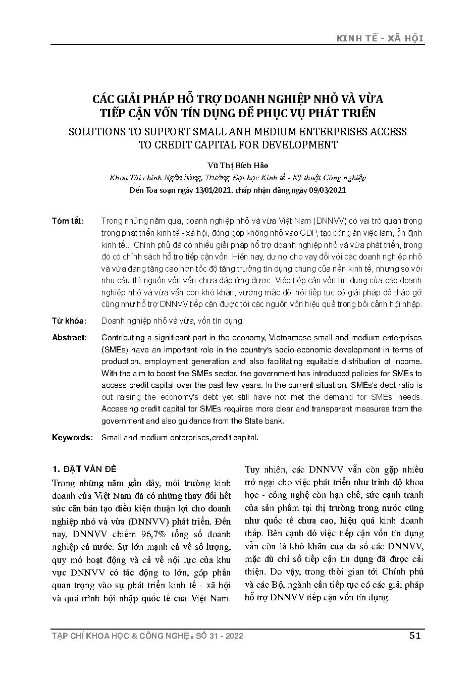 Các giải pháp hỗ trợ doanh nghiệp nhỏ và vừa tiếp cận vốn tín dụng để phục vụ phát triển = Solutions to support small and medium enterprises access to credit capital for development