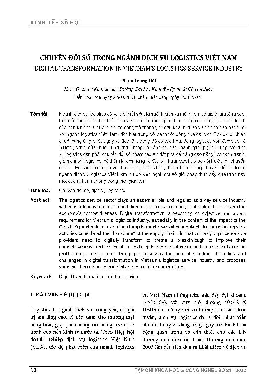 Chuyển đổi số trong ngành dịch vụ logistics Việt Nam = Digital transformation in vietnam’s logistics service industry