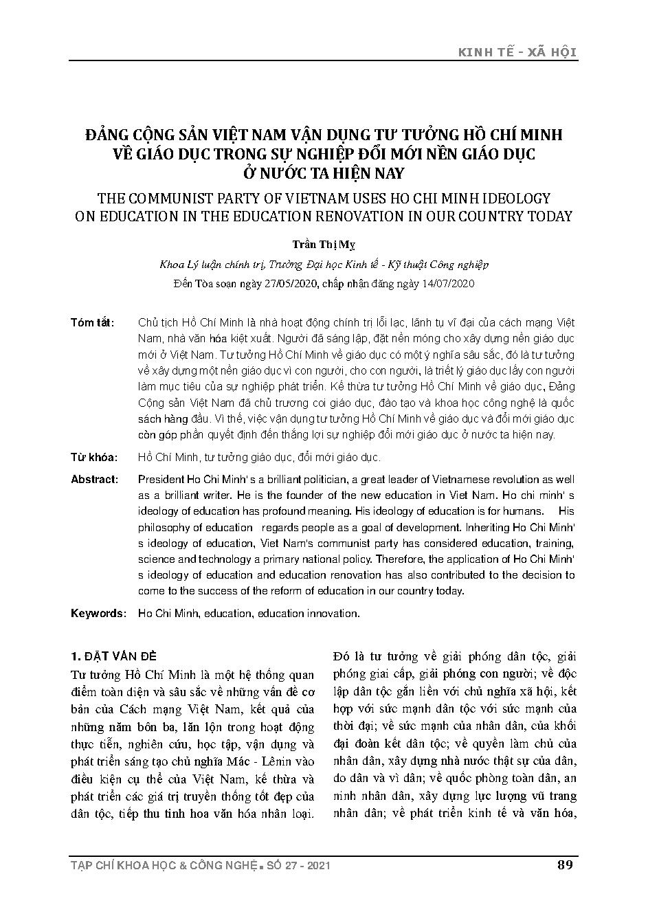 Đảng Cộng Sản Việt Nam vận dụng tư tưởng Hồ Chí Minh về giáo dục trong sự nghiệp đổi mới nền giáo dục ở nước ta hiện nay