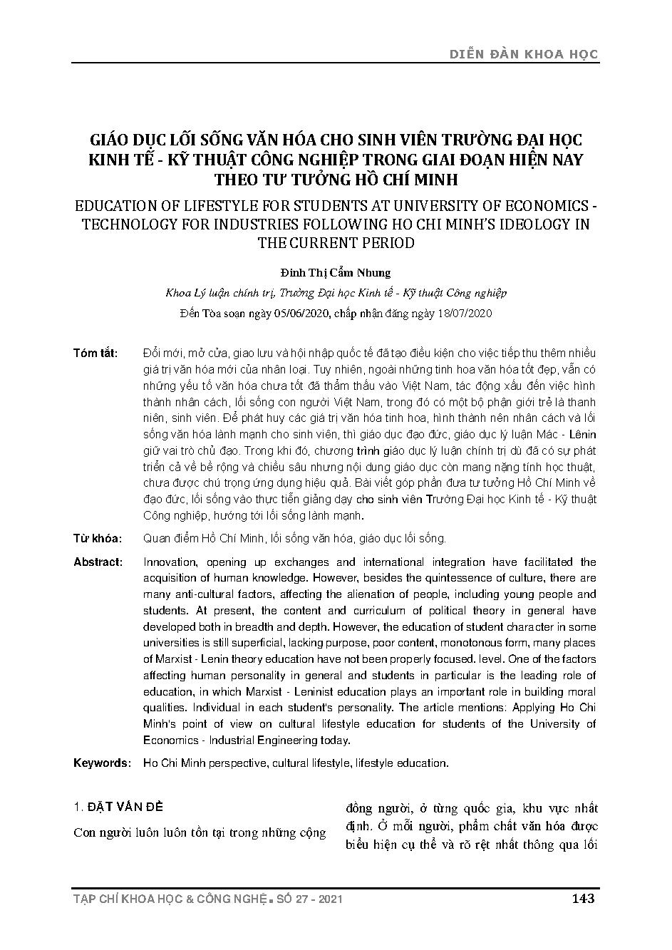Giáo dục lối sống văn hóa cho sinh viên Trường Đại học Kinh tế - Kỹ thuật Công nghiệp trong giai đoạn hiện nay theo tư tưởng Hồ Chí Minh