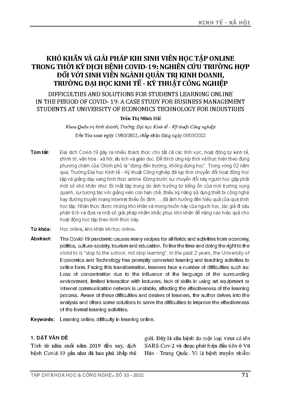 Khó khăn và giải pháp khi sinh viên học tập online trong thời kỳ dịch bệnh Covid-19: Nghiên cứu trường hợp đối với sinh viên Ngành Quản trị kinh doanh, Trường Đại học Kinh tế - Kỹ thuật Công nghiệp = Difficulties and solutions for students learning online