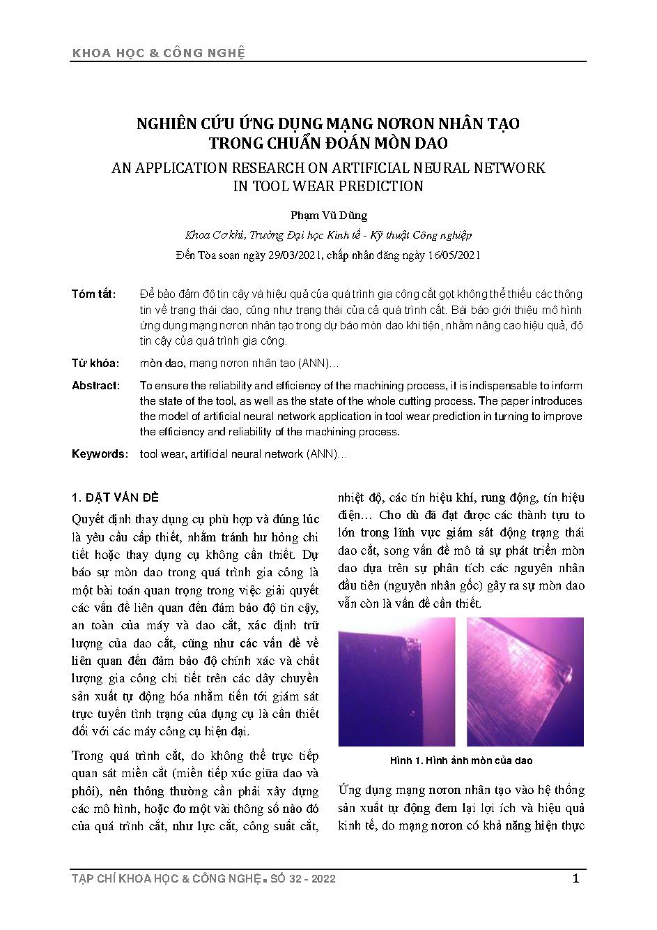 Nghiên cứu ứng dụng mạng nơron nhân tạo trong chẩn đoán mòn dao = An application research on artificial neural network in tool wear prediction